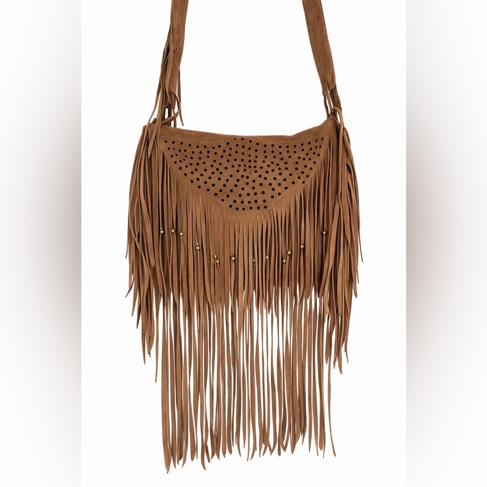 Suede Fringe Crossbody Bag in Tan With Adjustable Straps - Picture 2 of 7